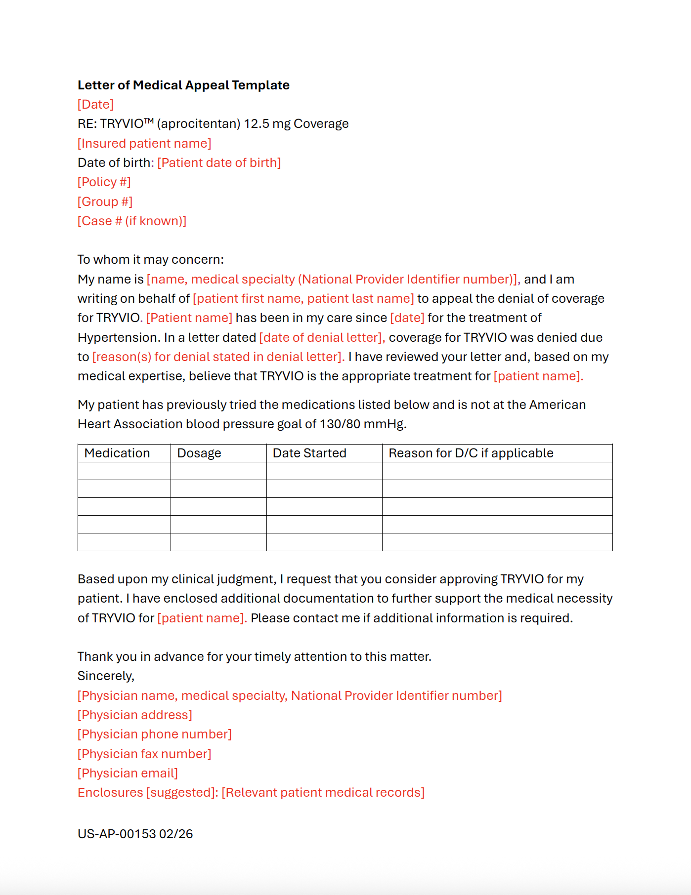 Template Letter of Medical Appeal